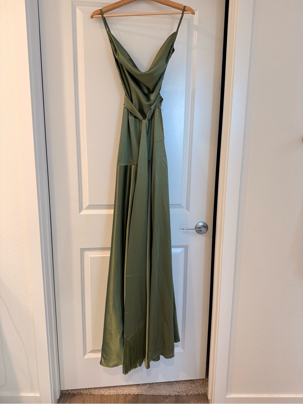 NEW Bronx Banco Leo Sage Maxi Dress, Olive Green Satin Cowl Neck Evening Gown - Picture 6 of 16